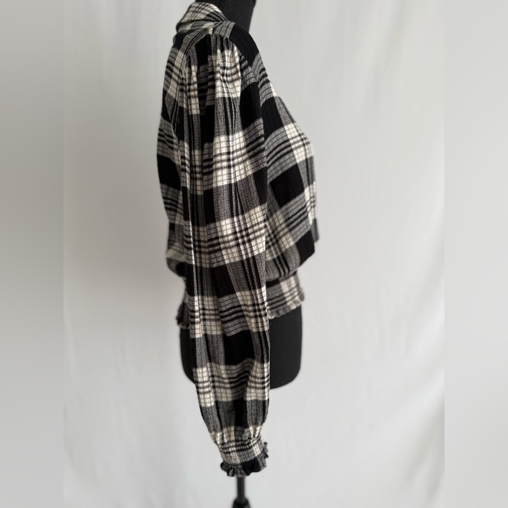 1. State Black & lvory Plaid Smocked Waist Blouse Cropped Button Front - Picture 9 of 14